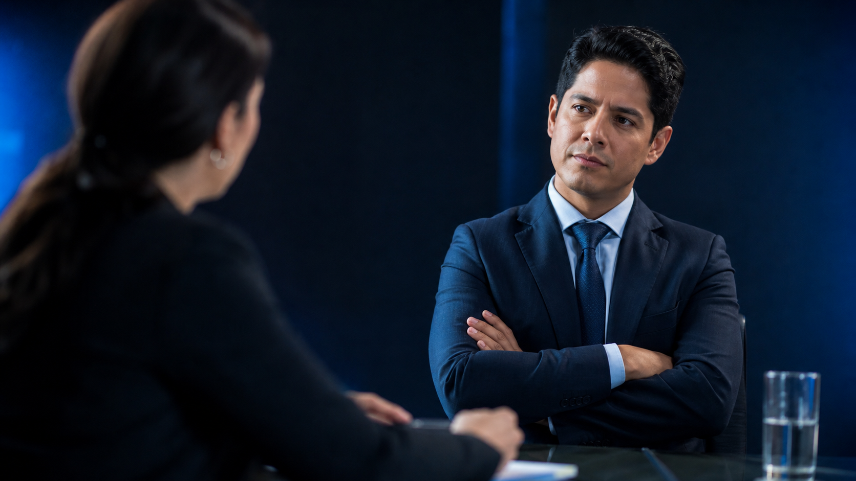 Profesional escucha con los brazos cruzados durante una conversación de trabajo