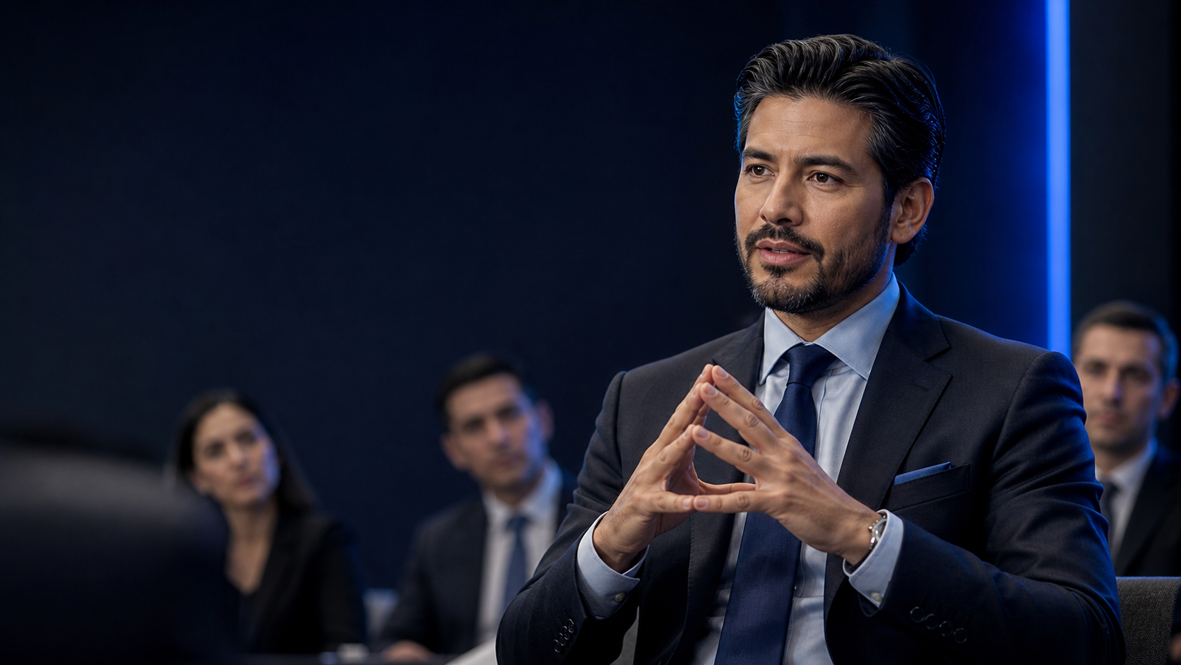 Profesional habla con autoridad mientras forma un campanario con las yemas de los dedos