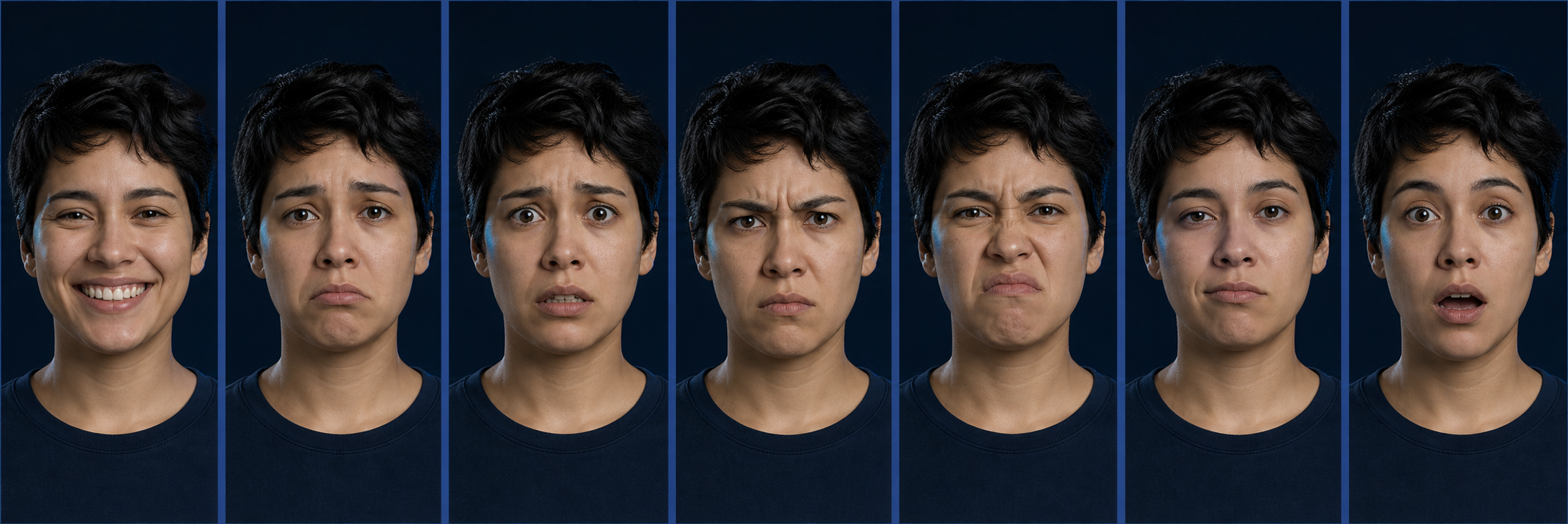 Siete retratos de una misma persona representando alegría, tristeza, miedo, enojo, asco, desprecio y sorpresa